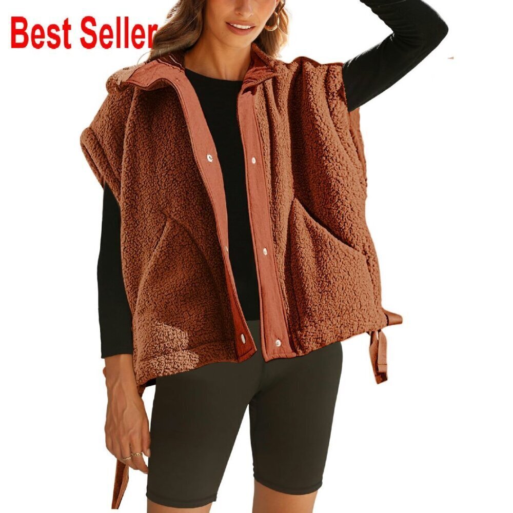 Oversized Fleece Vest Sleeveless Fuzzy Sherpa Gilet Jacket with Pockets